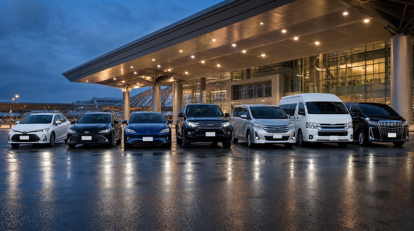 The seven vehicle classes lined up at an airport terminal: two sedans, an electric sedan, an SUV, a minivan, a van and an Alphard